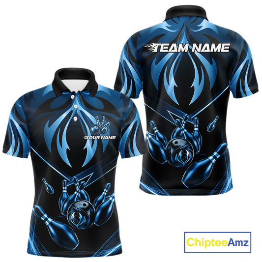 Men's bowling polo featuring blue lightning strike artwork with bowling graphics, personalized bowling apparel for technology enthusiasts, gamers, engineers and tournament bowlers, symbolizing focus, intelligence, clarity and precision.