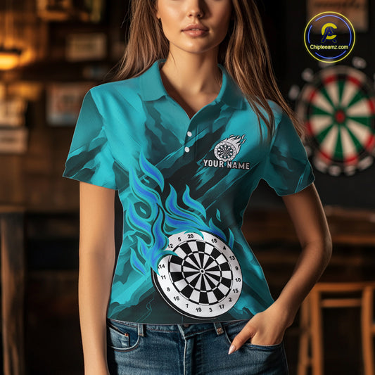Custom Turquoise Flaming White Dartboard Dart Polo Shirt For Women Outfits Dart Jerseys NYN1611