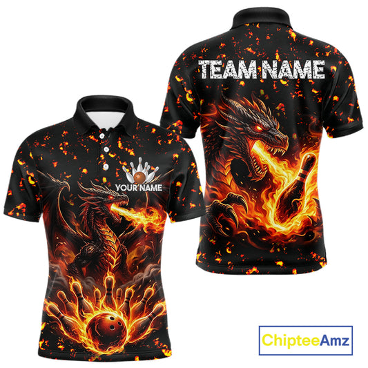 Fire flame dragon bowling polo quarter zip shirt for men red bowling team jersey