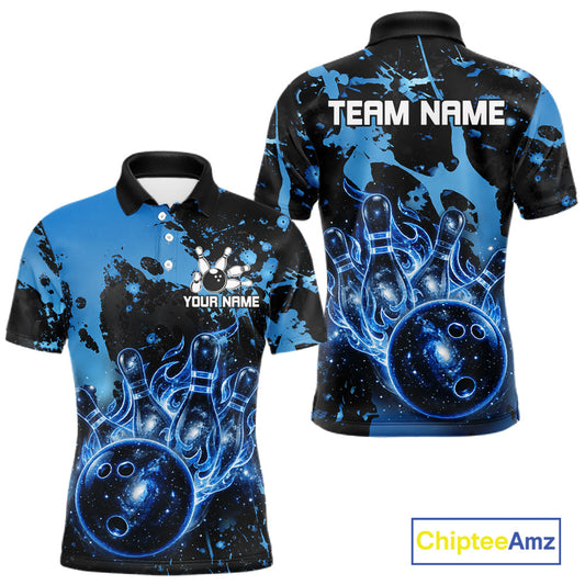 Black and Blue Splatter Galaxy men's bowling polo shirt personalized bowling team jersey, professional bowling uniform