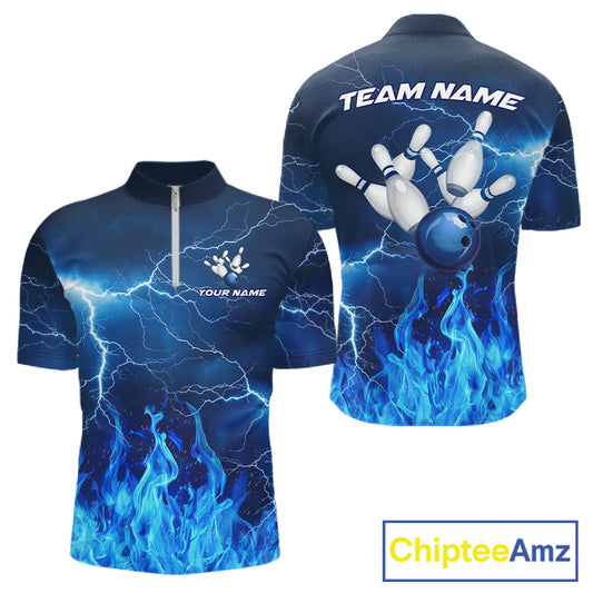 Blue Thunder Lightning Bowling Shirt For Men Fire Flame Bowling Team Jersey