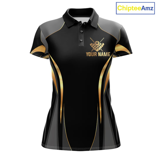 Custom Black And Gold 8 Ball Pool Billiard Shirt For Women Billiard League Polo & 1/4 Zip Jersey NYN3974