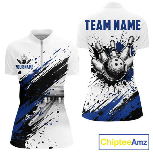 Black and blue splatter paint bowling ball and pins shirt for women custom bowling attire