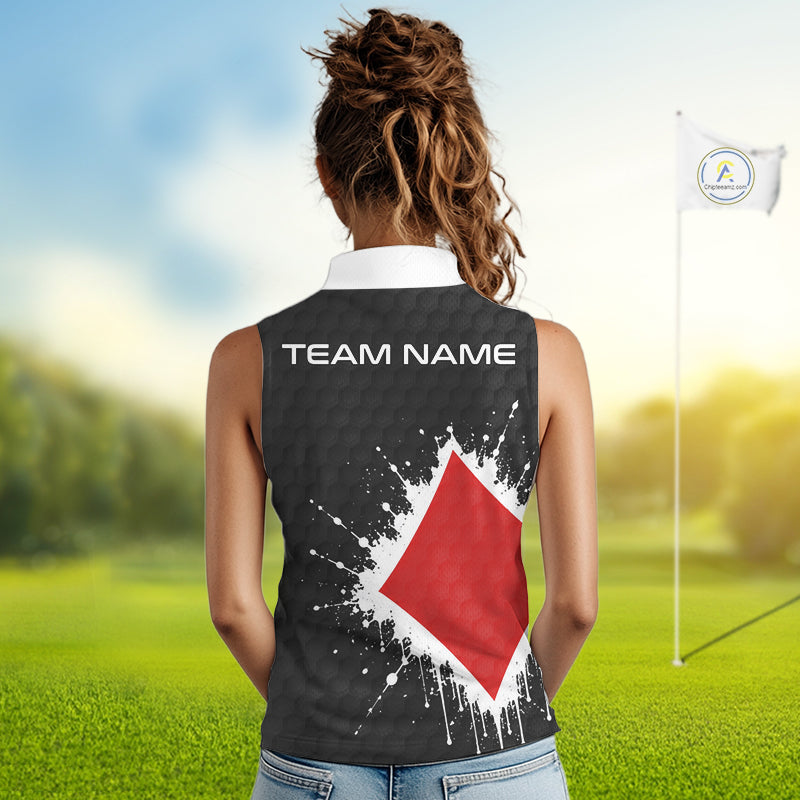 Red Diamonds Poker Womens Golf Sleeveless Polo Shirt Custom Name Splatter Poker Golf Top For Team, Golf Gift NYN4036