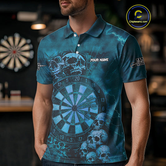 Custom Grunge Turquoise Dartboard Multi-Skull Dart Men Polo Shirt Dart Team Jerseys NYN1623