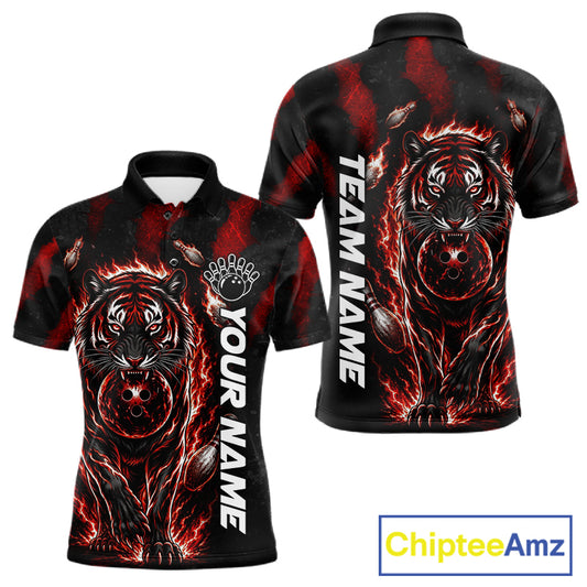 Fire Flame Tiger Red Claws men's bowling polo shirt custom bowling team jersey, personalized bowling uniform