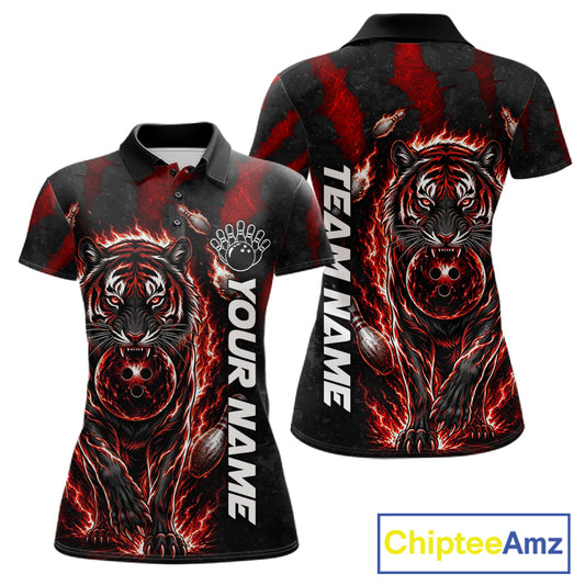 Fire Flame Tiger Red Claws women's bowling polo shirt custom bowling team jersey, personalized bowling uniform