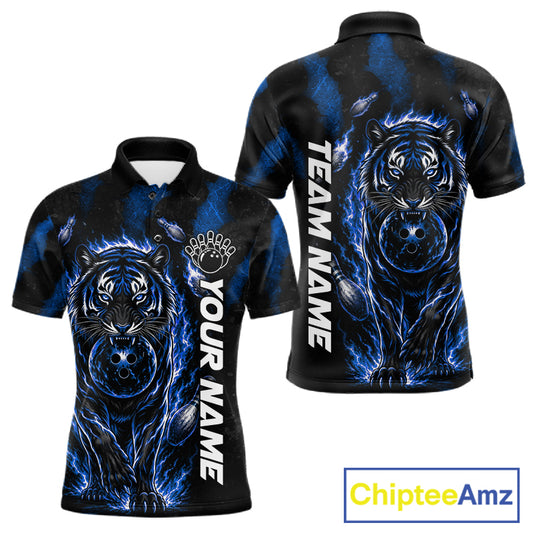 Fire Flame Tiger Blue Claws men's bowling polo shirt custom bowling team jersey, personalized bowling apparel