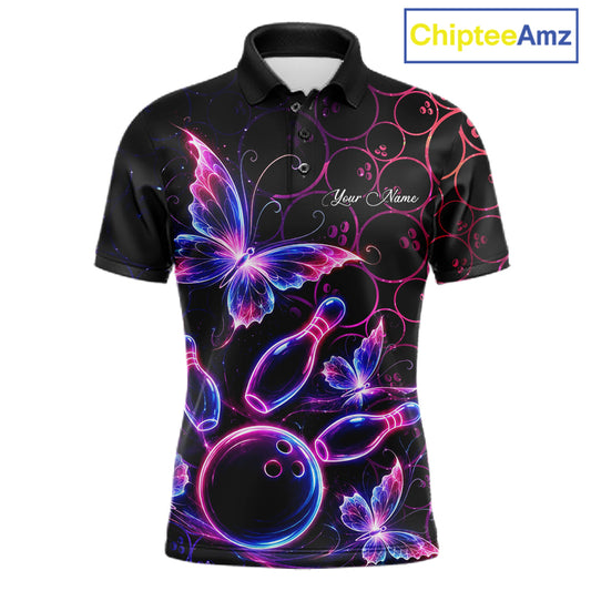 Neon Blue And Pink Butterfly Bowling Polo & 1/4-Zip Shirt For Men Custom Colorful Bowling Team Jersey NYN3266