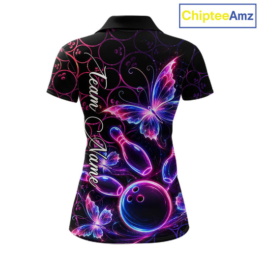 Neon Blue And Pink Butterfly Bowling Polo & 1/4-Zip Shirt For Women Custom Colorful Bowling Team Jersey NYN3266