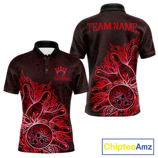 Red Tribal Pattern Bowling Ball men's bowling polo shirt, custom bowling team jersey, tribal bowling apparel