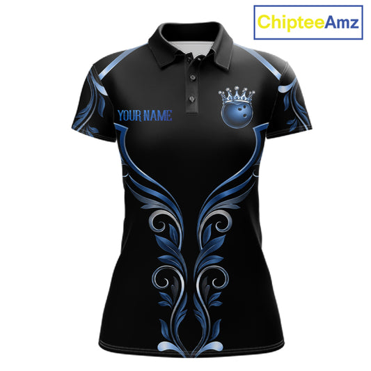 Black and Blue Tribal Crown Bowling Ball women's bowling polo shirt, custom bowling team jersey, league apparel