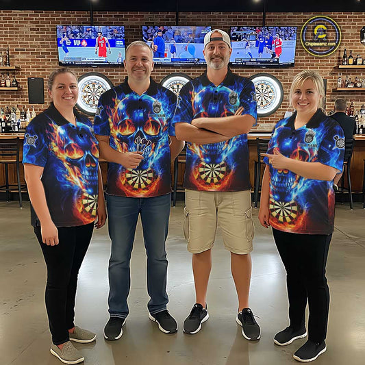 Red And Blue Flames Skull Dartboard Custom Women Darts Quarter-Zip League Shirts Skull Dart Jerseys NYN2250