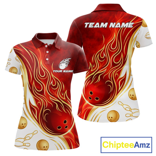 Custom Gold And Red Flames Bowling Team Jerseys, Bowling League Polo & 1/4-Zip Shirt For Women NYN2918