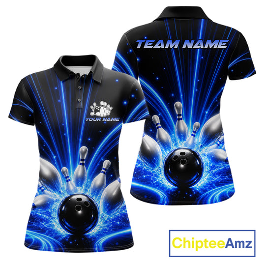 Thunder Bowling Ball And Pins Bowling Polo Shirt For Women Custom Blue Lightning Bowling Team Jersey Personalized League Apparel