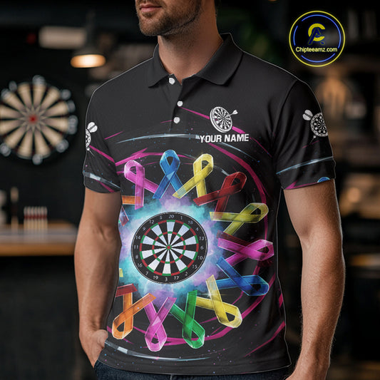 Multicolor Ribbon Circle Dartboard Custom Breast Cancer Awareness Darts Men Polo Shirt NYN1831