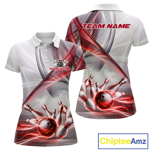 Women's bowling polo featuring white and red smoke with realistic bowling ball and pins, personalized bowling apparel for league play, USBC tournaments, competitive bowlers and team uniforms, symbolizing passion, strength and victory.