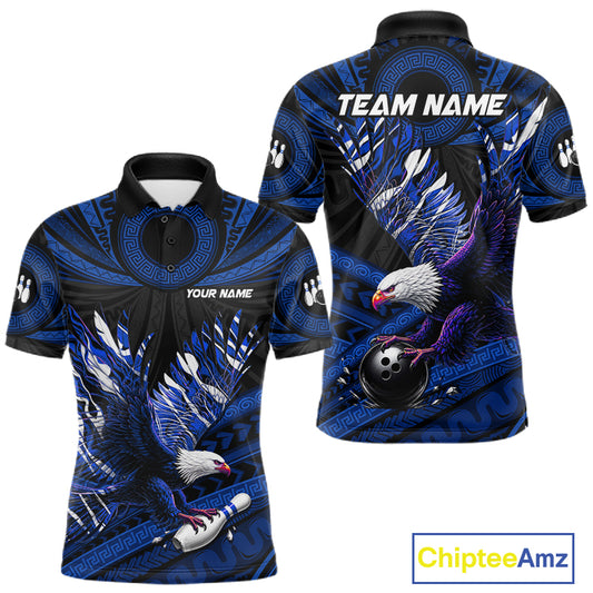Custom Blue Tribal Pattern Polynesian Eagle Bowling Men Polo Quarter-Zip Shirts, Bowling Team Attire NYN3688