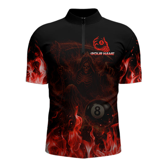 Custom Red Flaming Grim Reaper 8 Ball Billiard Pool Shirts For Men Billiard Polo & 1/4-Zip Jersey NYN2775