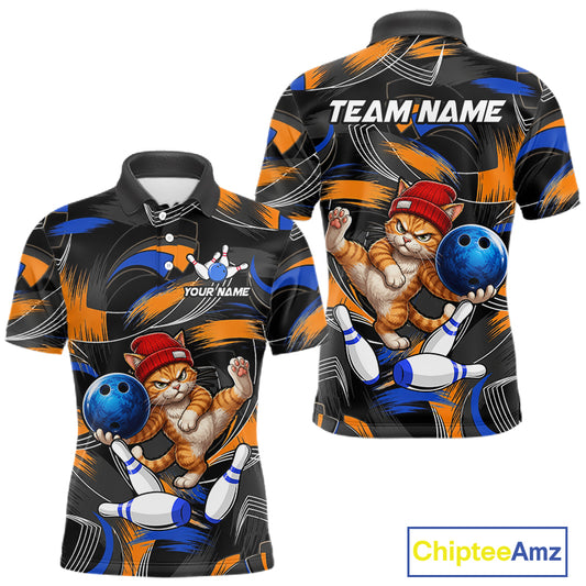 Blue And Orange Funny Cat Bowling Shirts For Men Personalized Bowling Team Name Outfits NYN3979