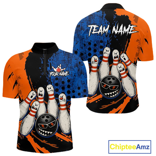 Custom Grunge Orange And Blue Angry Men Bowling Ball & Pins Shirts Funny Bowling Team Outfits NYN3185