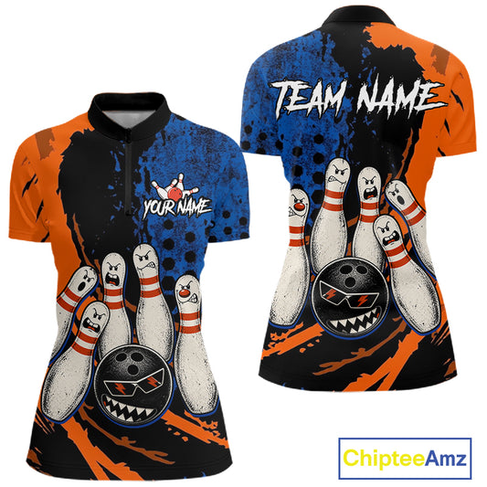 Custom Grunge Orange And Blue Angry Women Bowling Ball & Pins Shirts Funny Bowling Team Outfits NYN3185