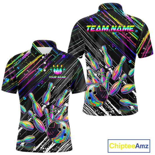 Holographic Strike Bowling Ball & Pins Jersey For Men Custom Splatter Paint Bowling Team Shirts NYN3200