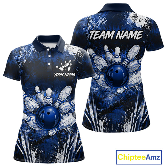 Women's white blue splatter paint bowling ball polo shirt custom bowling jersey mockup
