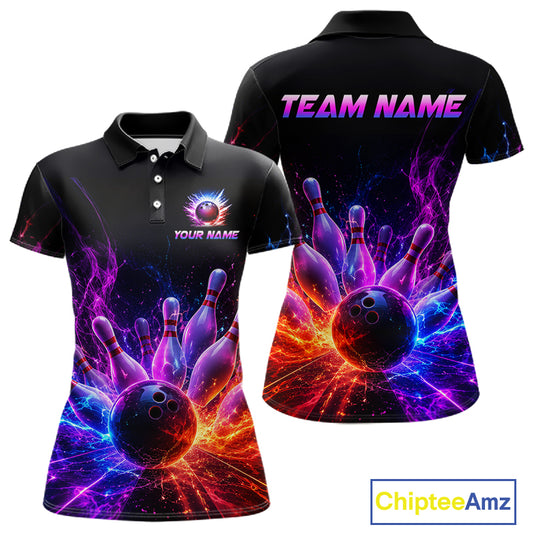 Colorful Flames Bowling Ball and Pins women's bowling polo shirt custom bowling team jersey, vibrant bowling apparel