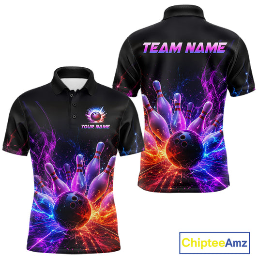 Colorful Flames Bowling Ball and Pins men's bowling polo shirt custom bowling team jersey, vibrant bowling apparel