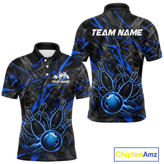 Black And Blue Strikes Grunge Bowling Polo & 1/4-Zip Shirt For Men Custom Thunder Bowling Team Jersey NYN3267