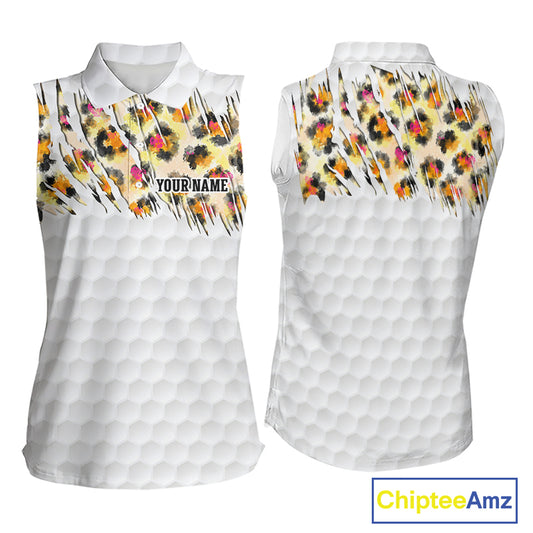 Yellow leopard pattern womens golf sleeveless polo shirt custom golf team outfit