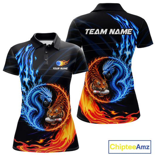 Dragon and Tiger women's bowling polo, blue red flame bowling shirt, personalized bowling team jersey