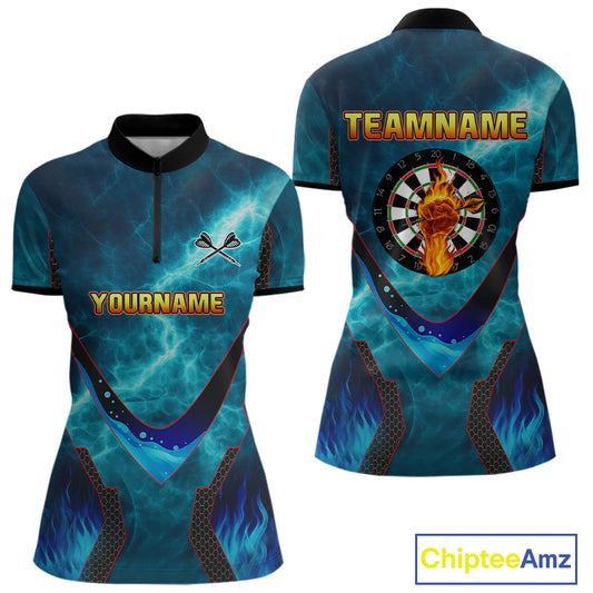 Lightning Turquoise Flame Hand & Darts Women's Darts Shirt - Custom Name For Players NYN0542