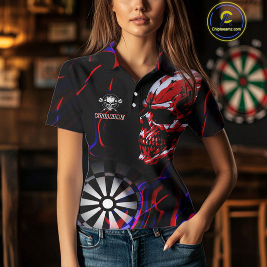 Red Skull And Dartboard Custom Darts Polo Shirts For Women, Darts Jersey NYN0776