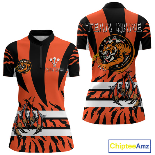 Fierce Tiger & Claws Dartboard Women's Orange Darts Shirt - Custom Name For Players NYN0479