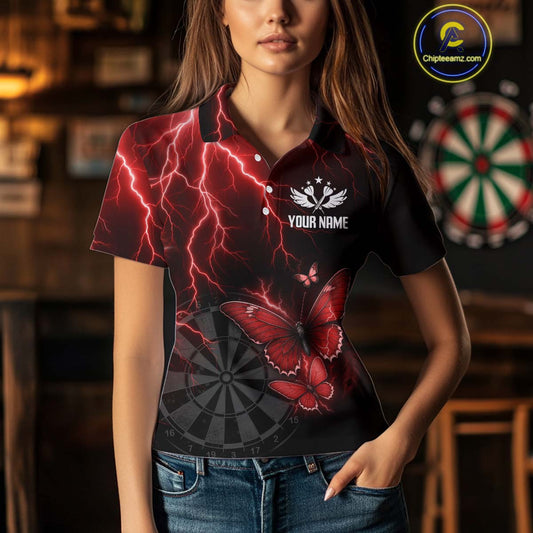 Custom Women's Polo Darts Shirt With Maroon Lightning & Glowing Butterfly, Darts Jersey NYN1019
