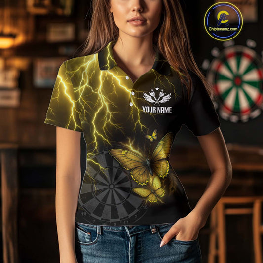 Custom Women's Polo Darts Shirt With Yellow Lightning & Glowing Butterfly, Darts Jersey NYN1020