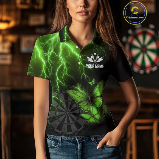 Custom Women's Polo Darts Shirt With Emerald Lightning & Glowing Butterfly, Darts Jersey NYN1021
