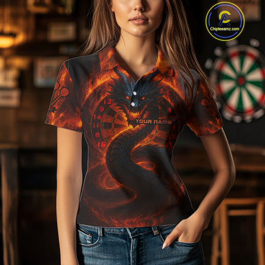 Personalized Red Flames Dragon Dartboard Darts Polo Jerseys For Women, Dart Team Jerseys NYN0963