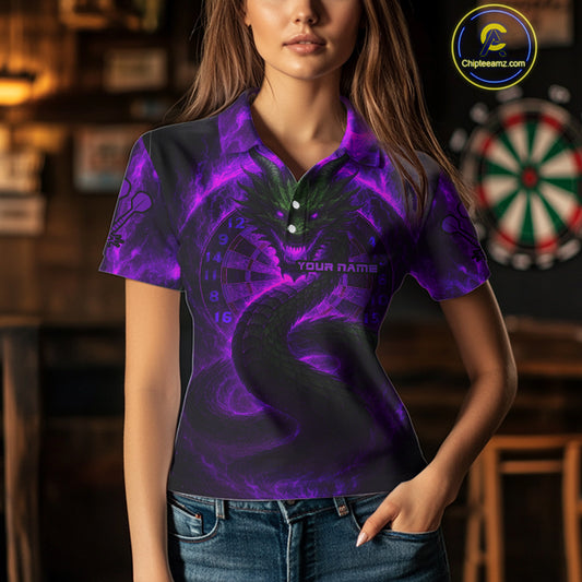 Personalized Purple Flames Dragon Dartboard Darts Polo Jerseys For Women, Dart Team Jerseys NYN0964