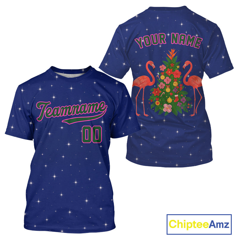 Custom Blue And Pink Flamingo Xmas Baseball T-Shirt For Men Outfit Christmas Baseball Gifts NYN1289