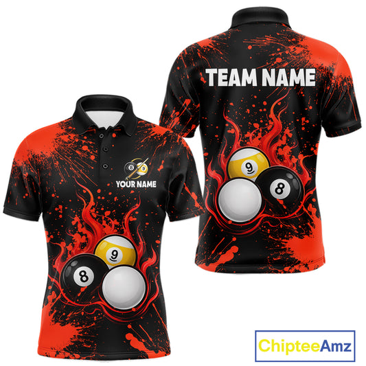 Red Splatter Flame 8 Ball & 9 Ball Pool Polo 1/4-Zip Shirt For Men Personalized Billiard Team Apparel NYN3971