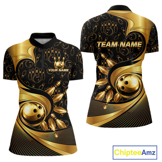 Black And Gold Strikes Bowling Ball & Pins Shirt For Women Custom Bowling Team Attire NYN3275