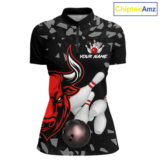 Funny Bull Grunge Red Bowling Polo & 1/4 Zip Shirts For Women Custom Outftis Team Bowling Jerseys NYN3129