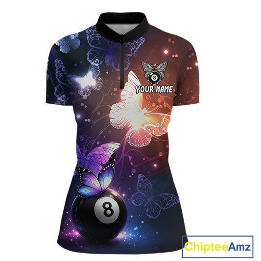 Multi-Color Butterfly 8 Ball Pool Polo & 1/4 Zip Shirts For Women Custom Pool Billiard Team Jerseys NYN2972