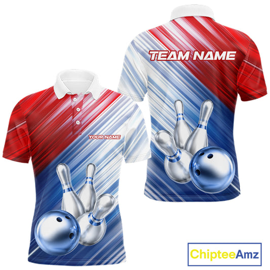 Red And Blue Strike Bowling Shirt For Men Custom Polo Quarter-Zip Bowling Team Jersey NYN3679