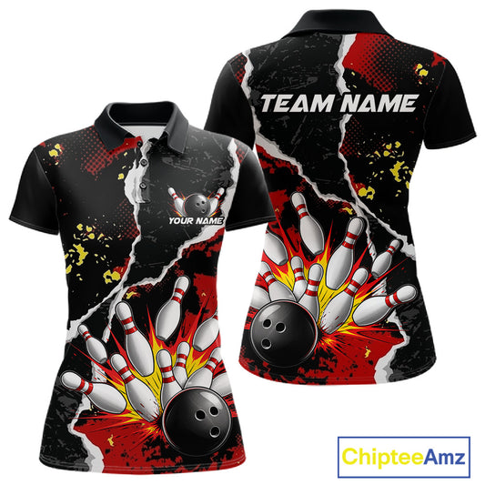 Grunge Black & Red Strike Bowling Ball & Pins Shirts For Women Personalized Bowling Team Outfits NYN3186