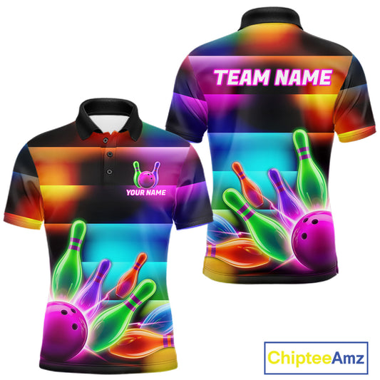 Neon light bowling team shirt for men colorful bowling ball and pins jersey