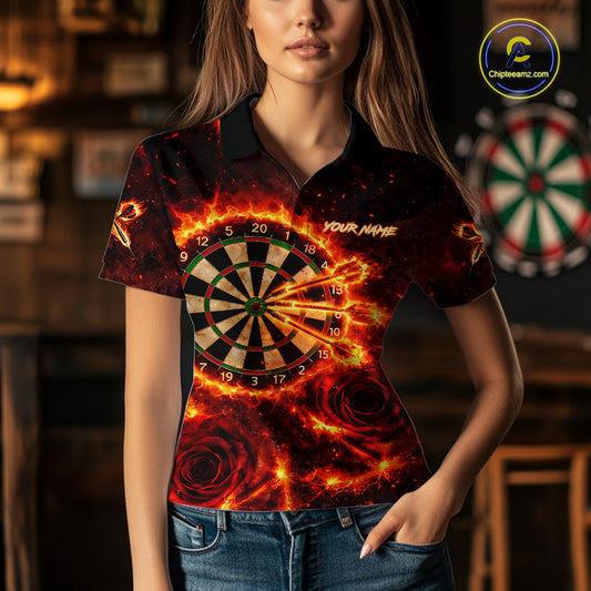 Red Flaming Roses Dartboard & Arrow Custom Women Darts Polo Shirts Fire Flame Dart Jerseys NYN2264